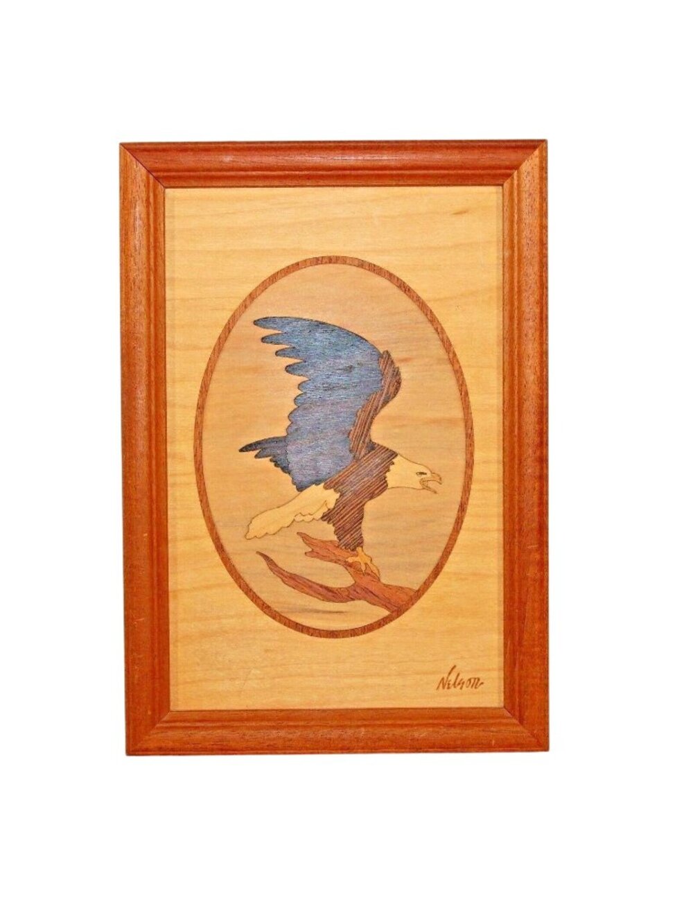Nelson Wood Eagle Picture Hudson River Inlay Signed Art Marquetry 9.75" x 6.75"